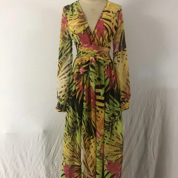 Dámske Šaty Nové Kvetinový Vytlačené Boho Dlhý Rukáv Chffion Dlho Maxi Šaty Letné Beach Plus Veľkosť Dovolenku Zelené Šaty Žien 2019
