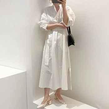 Dámske šaty nový kus dvoch kórejských voľné biele bubliny rukáv tričko šaty V-krku kravatu pás dlhé pletené vest dámske šaty