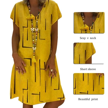 Dámske Šaty Tlač Krátke Rukáv V krku Šaty 2020 Boho Oblečenie Sundress Ženy Lete Príležitostné Voľné Plus Veľkosť