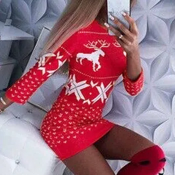 Dámske Šaty Vianočné Mini Teplý Sveter Pletené Šaty Slim Zimné Bežné Dámy s Dlhým Rukávom O-krku Vianoce Jumper Topy Krása