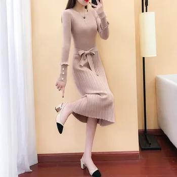 Dámskej Módy Sexy Pletené Šaty 2019 Jar Nový príchod Street Nosiť Elegantné Volániky Rukáv Dámske Skladaný Dresss omighty