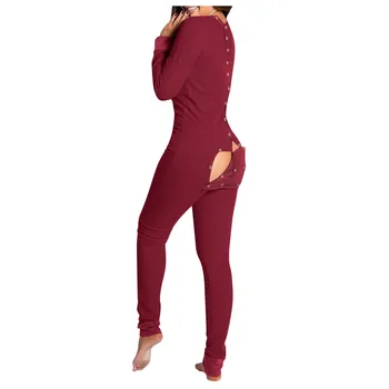 Dámy Integrované farbou módne pyžamá tlačidlo štýl funkčné tlačidlo klapka dospelých jumpsuit tlačidlo klapka dospelých jumpsuit