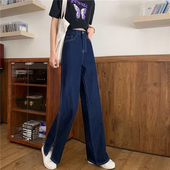 Džínsy Ženy Voľné Strane-štrbinové Hip Hop BF Modrá Streetwear Elegantný Retro Módne Jednoduché Plnej Dĺžke Širokú Nohu Nohavice pre Dámske