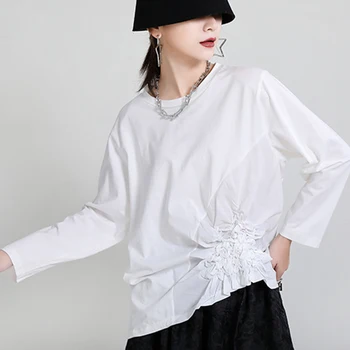 [EAM] Ženy Biela Stručný Nepravidelný Pokrčené Čierne tričko Nové Okrúhlym Výstrihom, Dlhý Rukáv Fashion Príliv Jar Jeseň 2021 1DD3891