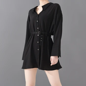 [EAM] Ženy Black Pracky Skladaný Obväz Šaty Nové tvaru Dlhý Rukáv Loose Fit Módne Príliv Jar Leto 2021 1U40201