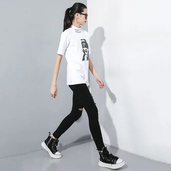 [EAM] Ženy Čierna Biela Vzor Tlače Loose Fit T-shirt Nové Turtleneck Polovičný Rukáv Fashion Príliv Jar Jeseň 2021 1A693