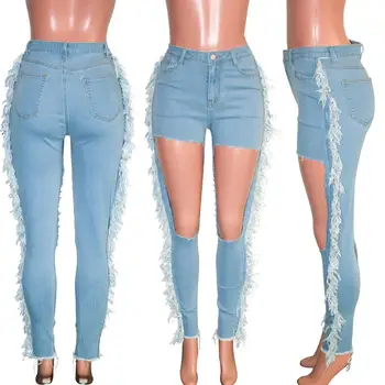 Echoine Modrá roztrhané džínsy pre ženy Fringe Strapec Denim Ceruzka neforemné Nohavice džínsy s Vysokým Pásom Otvor Džínsové nohavice Nohavice 2020 Nové