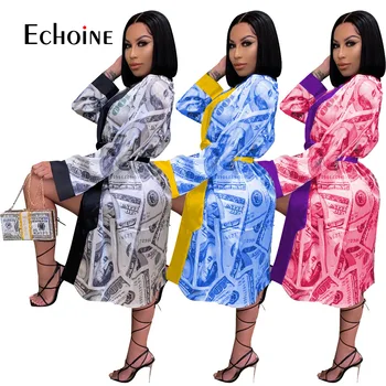 Echoine Sexy Jeseň Žien dolár Print Dámske Šaty Saténové Nočné Nosiť Šaty kimono Sleepwear župan domov Voľné Dlhé Šaty