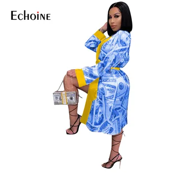 Echoine Sexy Jeseň Žien dolár Print Dámske Šaty Saténové Nočné Nosiť Šaty kimono Sleepwear župan domov Voľné Dlhé Šaty