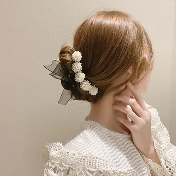 Elegantná Čipka Bowknot Akryl Vlasy Pazúry Vlasové Doplnky Módne Vintage Simulované Pearl Korálky Vlasy Klip pre Ženy