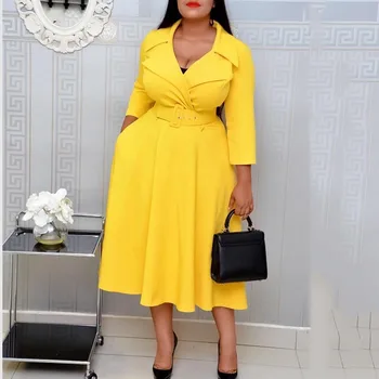 Elegantné Kancelárske Dámy Ženy Sako Šaty, Oblečenie Pre Voľný Čas Jeseň Žena Žltá Maxi Šaty S Dlhým Rukávom Strany Vestido Plus Veľkosť 2020
