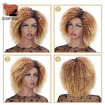 ELEGANTNÉ MUSES Krátke Kinky Afro Kučeravé Vlasy Parochňa Black Syntetické Vlasy, 8 cm Dlhé Hnedé Ombre Kučeravé Väzbe Vlasy Čierne Ženy