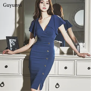 Elegantné Office Lady Šaty 2020 Letné dámske Šaty Malé Sexy tvaru bez Rukávov Vysoký Pás Slim Asymetria, Modrá Ceruzka Šaty