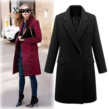 Elegantné Plus Veľkosť 5XL Nadrozmerné Kabát Ženy Zime Teplé Zahustiť Dvojité Breasted Vetru Bunda Slim Fit Dlho Vlnené Kabáty