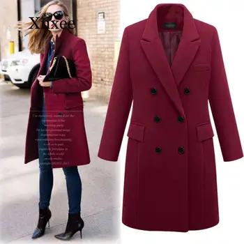 Elegantné Plus Veľkosť 5XL Nadrozmerné Kabát Ženy Zime Teplé Zahustiť Dvojité Breasted Vetru Bunda Slim Fit Dlho Vlnené Kabáty