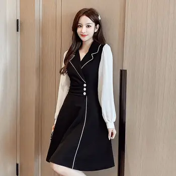 Elegantné Sako Šaty Žien Patchwork Party Šaty Na Jeseň 2020 Dlhý Rukáv Vysoký Pás Mini Šaty Ženskej Módy Kórejské Oblečenie