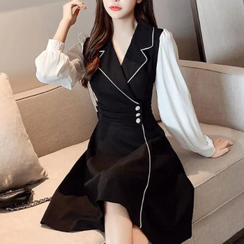 Elegantné Sako Šaty Žien Patchwork Party Šaty Na Jeseň 2020 Dlhý Rukáv Vysoký Pás Mini Šaty Ženskej Módy Kórejské Oblečenie