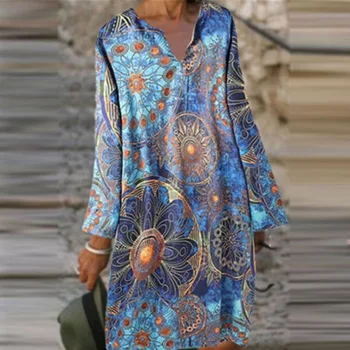 Elegantné tvaru Dlhý Rukáv Party Šaty Žien Vintage Tlač-Line Šaty 2020 Jeseň Nové Príležitostné Voľné Dámske Šaty Vestidos 5XL