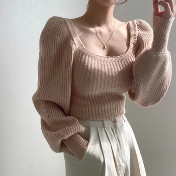 Elegantné u krku svietidlo s dlhým rukávom Vintage sveter jumper žien jeseň zima hrubé slim teplé pletené pulóvre dámske svetre
