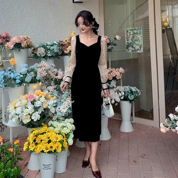Elegantné Velvet Dlhý Rukáv kórejský Šaty Black tvaru Ženy Hudobné Tlače Split Šaty Zimné Jeden kus Lady Sexy Party Šaty 2020