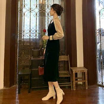 Elegantné Velvet Dlhý Rukáv kórejský Šaty Black tvaru Ženy Hudobné Tlače Split Šaty Zimné Jeden kus Lady Sexy Party Šaty 2020