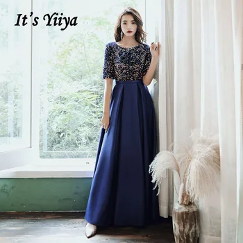 Elegantné Večerné Šaty je Yiiya AR479 Námornícka Modrá Farebné Sequined Župan De Soiree O-krku Formálne Šaty Pol Rukávov Večerné Šaty