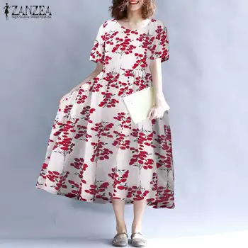 Elegantné Vytlačené Maxi Šaty ZANZEA 2021 Žien Sundress Lete Bežné Krátky Rukáv Kvetinový Vestidos Ženský Župan Femme Plus Veľkosť