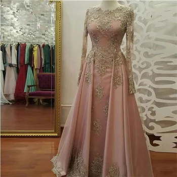 Elegantné Zlaté Čipky Appliqued Dlho Prom Šaty, O-Krku Korálkové Crystal Dlhý Rukáv Večerné Šaty Blush Pink Tylu Formálnej Strany Šaty