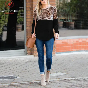Elegantné Ženy Jeseň Zima Plyšové T-Shirts Nepravidelný Farby Zodpovedajúce Dizajn O-Krk Dlhý Rukáv Leopard Tlač Slim Top Pulóvre