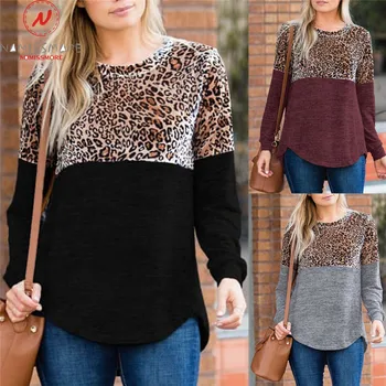 Elegantné Ženy Jeseň Zima Plyšové T-Shirts Nepravidelný Farby Zodpovedajúce Dizajn O-Krk Dlhý Rukáv Leopard Tlač Slim Top Pulóvre