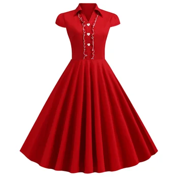 Elegantný Krátky Rukáv Rockabilly Párty Šaty Červené Zase Dole Golier Župan Bežné Retro 60 50. rokov s Vintage Vestidos Ženy Oblečenie