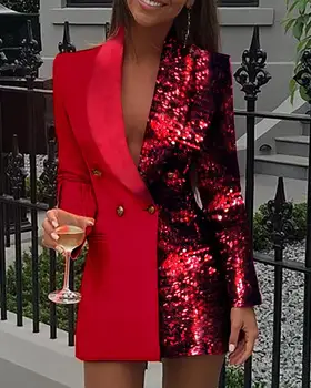 Elegantný Mini Šaty 2020 Ženy Fashion Club Žena Colorblock Sequin S Dlhým Rukávom Saka Mini Party Club Vestidos Streetwear
