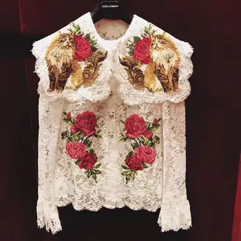 Elegantný Retro Kvetinová Výšivka Biela Čipka Blúzky Dámske 2020 Jar O-neck Tričko s Dlhým Rukávom Žena