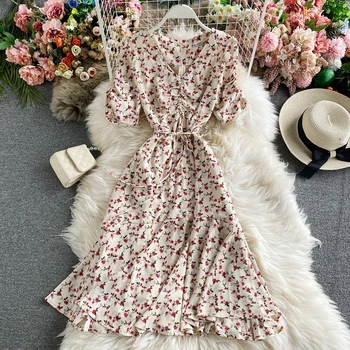 Elegantný retro midi Šaty módne party tvaru pás slim retro kvetinový šifón tlač šaty krátke rukáv šaty dámske vestidos