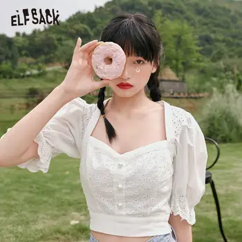 ELFSACK Biela Pevná Duté Z Čipky Bežné Milkmaid Blúzka Ženy 2020 Lete ELF Lístkového Rukáv kórejský Dievčenskú Vintage Plodín Topy