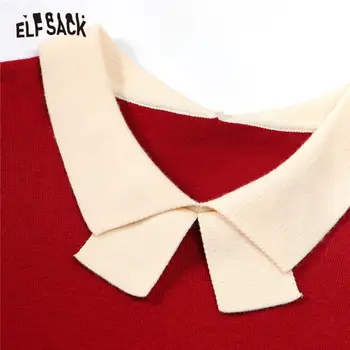 ELFSACK Black Pevné Luky Výstrihu Pletené Bežné Mini Šaty Žien,2020 Jeseň ELF Vintage High Wasit kórejský Dámy Denné Šaty