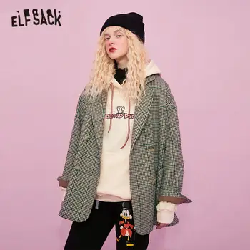 ELFSACK Khaki Koberčeky Britský Singel svojim Rovno Vlny Kabát Ženy,2020 Jeseň kórejský Nadrozmerná Dámy Teplo Denne Outwear