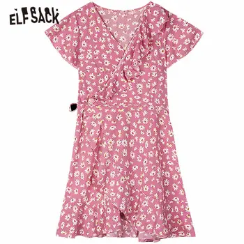 ELFSACK Ružová Daisy Kvety Tlače Vysoký Pás Bežné Prehrabať Šaty Žien 2020 Lete ELF Čierna Vintage kórejský Dievčenskú Dovolenku Šaty