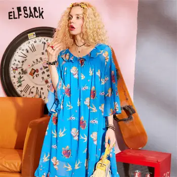 ELFSACK Ružová Grafické Tlače Bežné Šifón Prehrabať Šaty Žien 2020 Jeseň ELF Čierna Vintage kórejský Dámy Dovolenku Mini Šaty