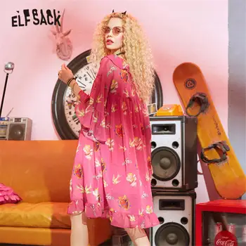 ELFSACK Ružová Grafické Tlače Bežné Šifón Prehrabať Šaty Žien 2020 Jeseň ELF Čierna Vintage kórejský Dámy Dovolenku Mini Šaty