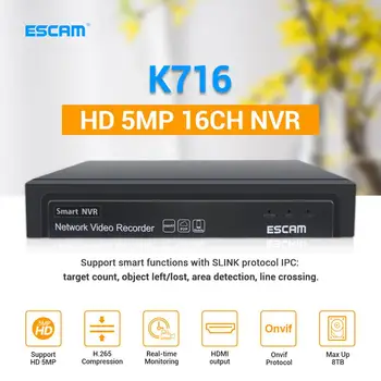 ESCAM Nové Značky K716 16CH 5MP NVR H. 265 ONVIF 4K DVR, NVR videorekordér IP kamerový monitorovací Bezpečnostný KAMEROVÝ Systém Podpory 8TB