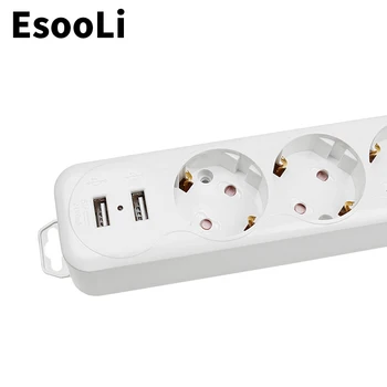 Esooli rozvodky Dual USB Nabíjanie Portom 3 AC EÚ Zásuvky Zásuvky Rozšírenie Plug Tlačidla Napájania, Prepäťová ochrana 2M Čistý Medený Drôt