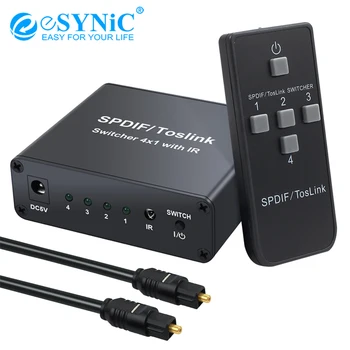ESYNiC 4 Port SPDIF/Toslink Prepínač S IR Pre LPCM2.0 DTS Hliníkovej Zliatiny Switcher 4x1 Digitálny Optický Audio 4x1 Prepínač