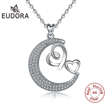 Eudora 925 Sterling silver Cubic Zirconia Mesiac Prívesok Dve Srdce Iskrenie Náhrdelník Milujem ťa Štýl Romantické Šperky Ženy D501