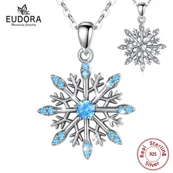 Eudora Nové 925 Sterling Silver blue crystal snehu náhrdelník biela CZ Náhrdelník Elegantné, jemné Šperky dve farebné Kvetinové Prívesky D582