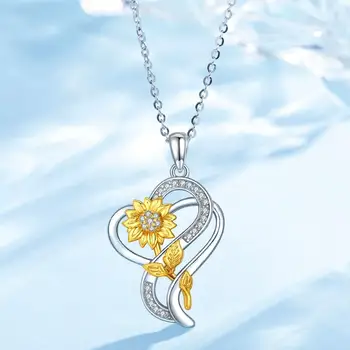 EUDORA Reálne 925 sterling silver srdce Dve zlaté slnečnice náhrdelník s Príveskom, kvet Crystal CZ jemné Šperky s box D562
