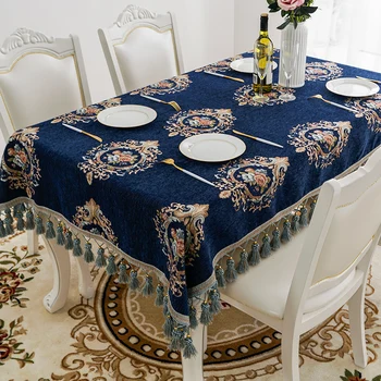 Európa Luxusný Svadobný Stôl Ženilkové Tkaniny Vyšívať Obdĺžnik Tabuľka Krytov s Strapec Námornícka Modrá/Červená Obrus pre Home Decor