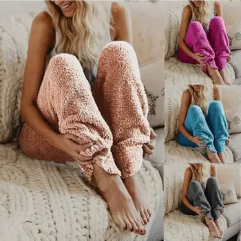 Európske a Americké Nové žien teplé spánku nohavice Zime Teplé Fleece sleepwear Dlhé Nohavice Ženy jednofarebné Plavky Nightwea