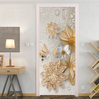Európsky Štýl Luxusné Kvety Zlaté Šperky Motýľ Dvere Nálepky, Obývacia Izba, Spálňa Tapety Domov Obtlačky PVC 3D Nástenné Maľby