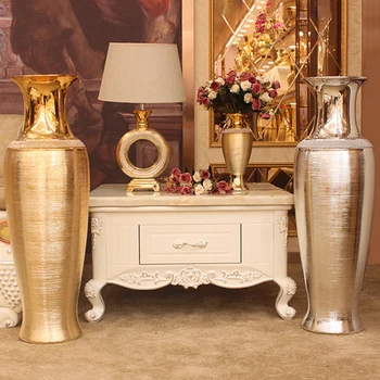 Európsky Štýl Luxusné Vázy Elektrolyticky Pokrývajú Zlaté Kartáčovaný Keramické Podlahy Až K Stropu, Veľká Váza Striebro Model Dom Výzdoba Domov